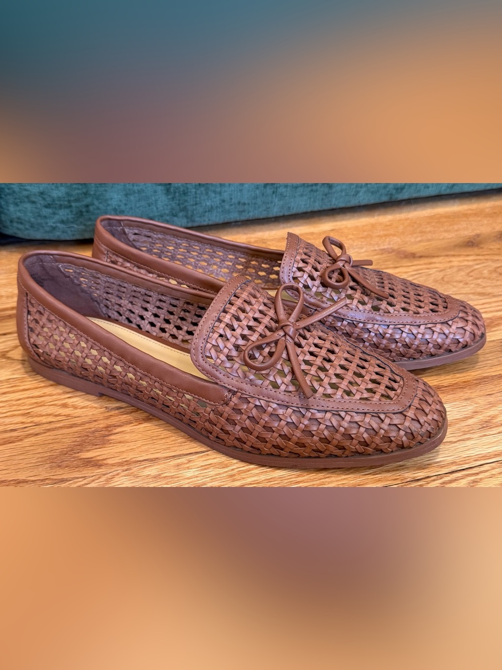 J Crew Cognac Woven Leather Bow Loafers Preppy Ballet Flat Coastal Chic Shoe 9.5